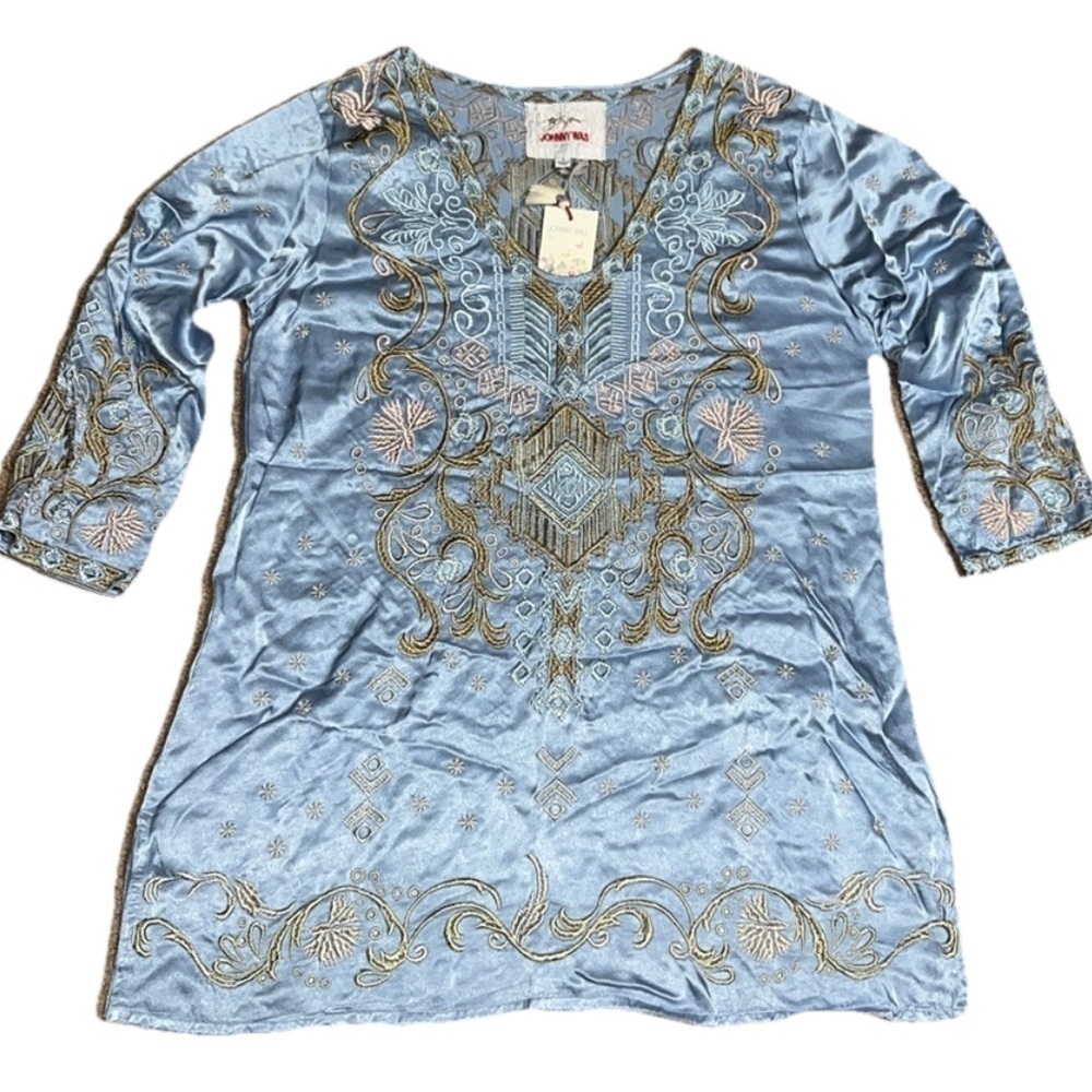 Johnny Was‎ Biya Sinnah Satin Blouse Embroidered Denim Blue Small
